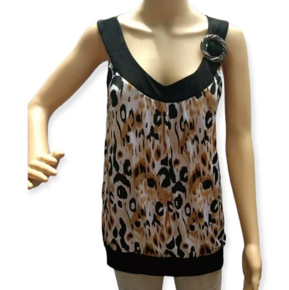 Essentials Shirt Leopard Print Sleeveless Contrasting Trim Size M Retro 80s
